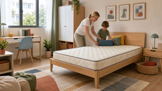 Light wood bed frame with quilted mattress in a practical Singapore children's room with study and storage areas.