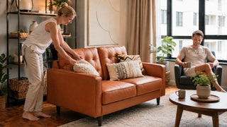 Terracotta leather sofa in a bright Singapore living room as a couple keeps the seating area clean and well maintained
