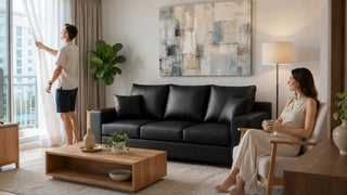 Black leather sofa in a modern Singapore living room with curtains adjusted to reduce direct sunlight