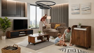 Modern living room furniture set in a Singapore home with practical storage and family-friendly seating after renovation