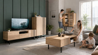 Modern wood living room furniture set in a Singapore HDB with practical storage for a home renovation layout