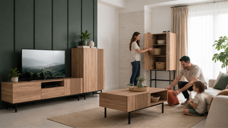 Matching wood TV console, storage cabinets, and coffee table in a freshly cleaned Singapore living room with a family arranging the space after renovation cleaning.