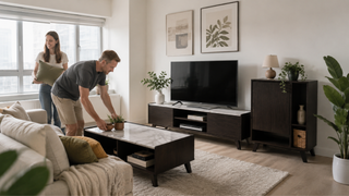 Modern living room furniture set in a Singapore apartment with a family arranging the space after renovation.