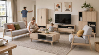 Light wood living room furniture set in a modern Singapore HDB with family checking room layout and storage access before renovation.