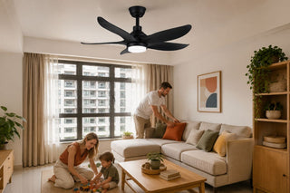 Black low ceiling fan with built-in light in a bright modern Singapore HDB living room with practical family-friendly furnishings.