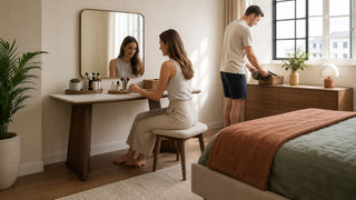 MegaFurniture dressing table styled in a modern Singapore maisonette bedroom with organised storage, mirror, and warm natural light.