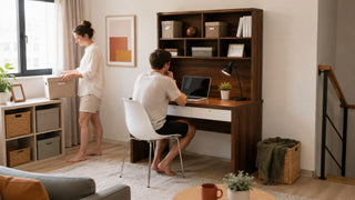 Modern Singapore maisonette study with a dark wood study desk and bookshelf, arranged with storage boxes for a practical home office setup.