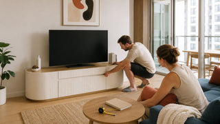 White couple measuring and arranging a modern TV console in a bright Singapore maisonette living room