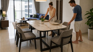Marble top dining table set in a modern Singapore apartment with practical chair spacing for family dining.
