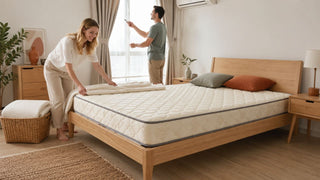 Couple airing bedding in a bright Singapore bedroom to protect the mattress from aircon condensation