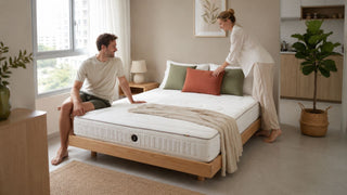 Supportive mattress on a wooden platform bed in a bright Singapore home bedroom, styled for everyday comfort and back care.