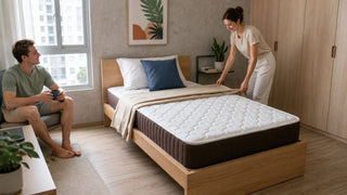 MegaFurniture mattress and wooden bed frame in a practical Singapore bedroom being prepared for a clean, comfortable sleep setup.
