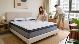 MegaFurniture mattress in a modern Singapore condo bedroom with a couple preparing the room for delivery day.
