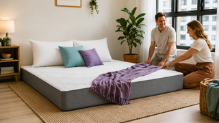 Modern mattress in a Singapore apartment bedroom with a couple tidying the space before arranging a disposal service.