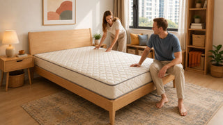 Modern quilted mattress on a wooden bed frame in a bright Singapore bedroom, styled for everyday comfort in a compact home.