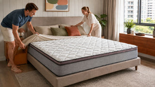 White couple arranging a quilted mattress in a modern Singapore bedroom with warm wood furniture and soft natural light.