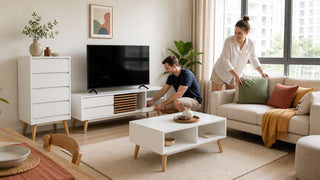 White mid-century living room furniture set in a modern Singapore HDB styled for an S$800 budget home makeover.