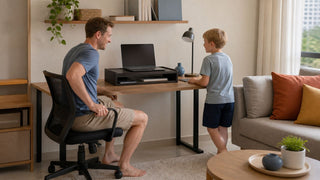 Dark mini desk riser on a compact Singapore home office desk with a family-friendly HDB living room setup.