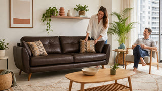 Dark brown leather sofa in a bright modern Singapore living room with a relaxed everyday seating layout.