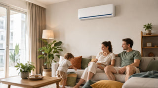 Wall-mounted Mitsubishi-style aircon above a sofa in a modern Singapore family living room