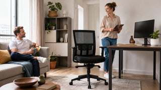 Black mesh office chair in a modern Singapore home office and living room for MegaFurniture