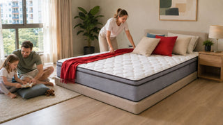 Original mattress in a modern Singapore bedroom with a white family arranging bedding and enjoying quiet family time.