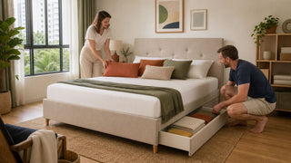 Beige ottoman bed with side storage in a modern Singapore bedroom for practical family living