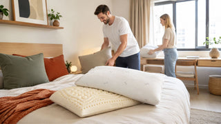 White textured pillow case and latex pillow in a modern Singapore bedroom prepared for everyday comfort