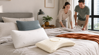 Contoured latex pillow with removable cover on a modern Singapore bedroom setup for everyday pillow care.