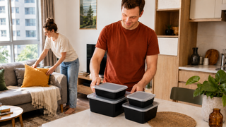 Black plastic storage containers with translucent lids on a kitchen counter in a modern Singapore home, styled for practical family organisation.