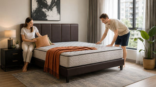 Platform bed frame in a modern Singapore bedroom with a couple arranging bedding for a practical family home