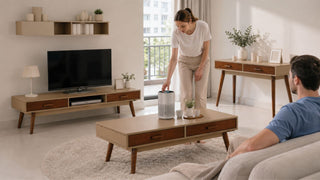 Coordinated living room furniture set with portable air purifier in a modern Singapore apartment for MegaFurniture