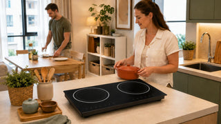 Portable induction stove on a kitchen island in a warm modern Singapore apartment dining space
