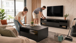 White couple cleaning a black TV console and coffee table in a modern Singapore living room after renovation