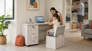 Light grey study desk with storage chair in a Singapore family home, set up for a child starting primary school.