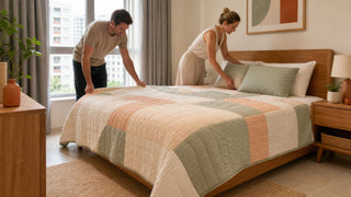 Quilt blanket styled on a wooden bed in a bright Singapore HDB bedroom with a couple arranging bedding