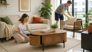 Rattan coffee table with storage in a bright Singapore condo living room prepared for everyday family use