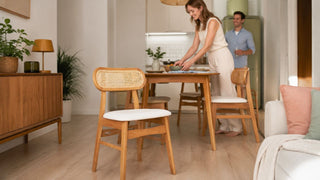 Rattan dining chair in a warm modern Singapore dining area with a compact table setup for everyday home use