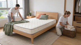 Ready-made wooden bed with mattress in a modern Singapore HDB bedroom with practical linen storage nearby