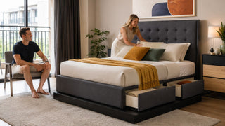 Modern recliner bed with storage in a bright Singapore condo bedroom, styled for practical everyday comfort.