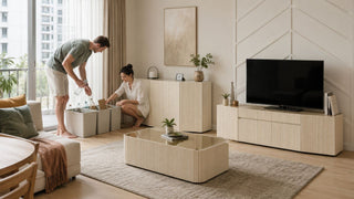 Cream fluted living room furniture with a recycle bin setup in a modern Singapore home
