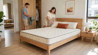Wooden bed frame with quilted mattress in a modern Singapore bedroom styled for practical renovation planning