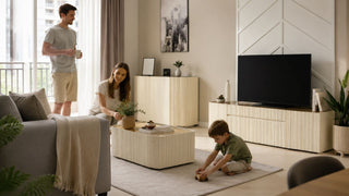 Modern cream fluted living room furniture set in a practical Singapore home for affordable renovation styling