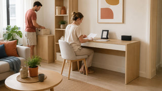 Scandinavian study desk in a compact Singapore HDB living area with warm wood tones and practical home office styling