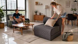 Grey quilted Seahorse sofa bed in a modern Singapore living room arranged for everyday comfort and guest use.