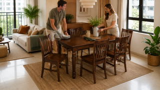 Wooden dining set in a bright modern Singapore condo dining area, styled for practical family hosting.