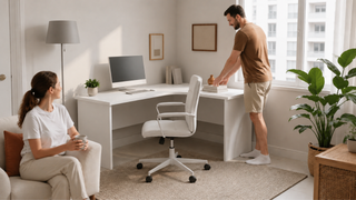 White L-shaped office desk and swivel chair in a bright Singapore home office with a relaxed couple tidying the workspace.
