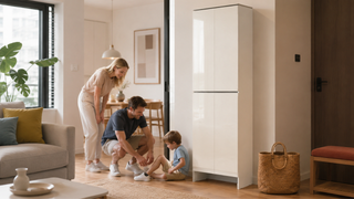 Slim white shoe cabinet placed in a modern BTO flat entryway with a family using the space comfortably.