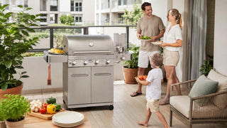 Stainless steel grill on a Singapore condo balcony with a family preparing food for a casual home barbecue
