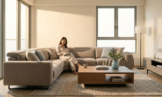 Woman sitting on a beige sectional sofa in a bright Singapore living room with coffee table, TV console, rug, and warm natural light.